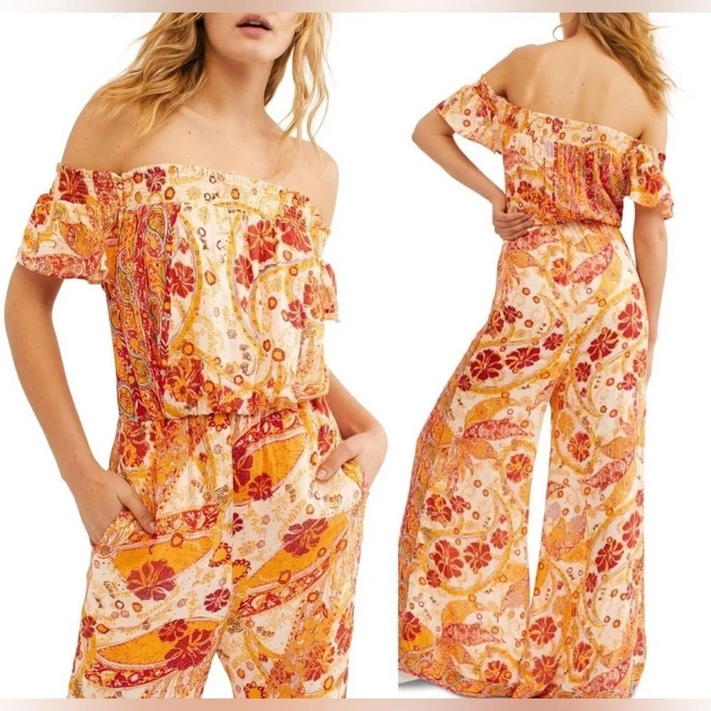 Free People|Carmen Jumpsuit,Boho floral wide leg jumpsuit-off the shoulders••• - Picture 6 of 15